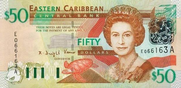Купюра номиналом 50 восточнокарибских долларов, лицевая сторона